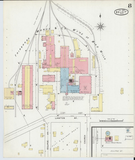 Sanborn Fire Insurance Map from Beloit, Rock County, Wisconsin (1895), Sheet #0008 - Historic Sanborn Fire Insurance Map Print, vintage old map wall art, antique decor, genealogy gift, Wisconsin Wisconsin map