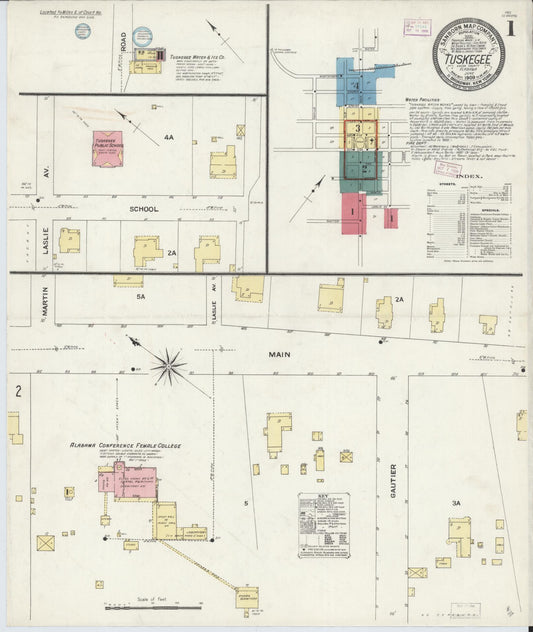 Sanborn Fire Insurance Map from Tuskegee, Macon County, Alabama (1909), Sheet #0001 - Complete Map Set gallery image, historic Sanborn map, vintage wall art, Alabama Alabama