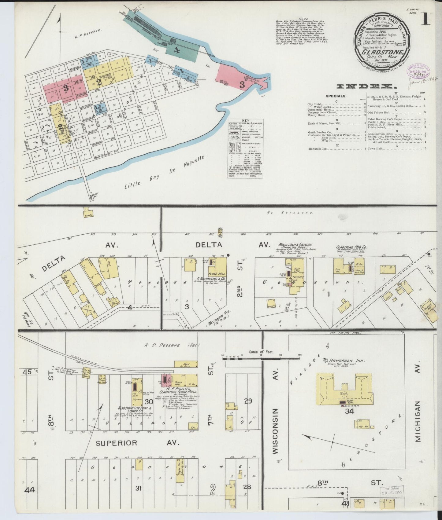 Sanborn Fire Insurance Map from Gladstone, Delta County, Michigan (1893), Sheet #0001 - Complete Map Set gallery image, historic Sanborn map, vintage wall art, Michigan Michigan