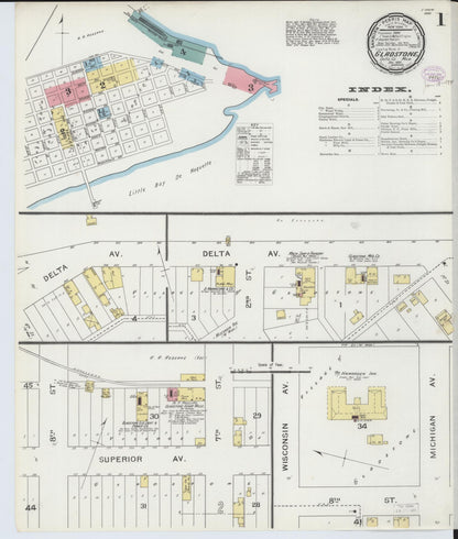 Sanborn Fire Insurance Map from Gladstone, Delta County, Michigan (1893), Sheet #0001 - Complete Map Set gallery image, historic Sanborn map, vintage wall art, Michigan Michigan