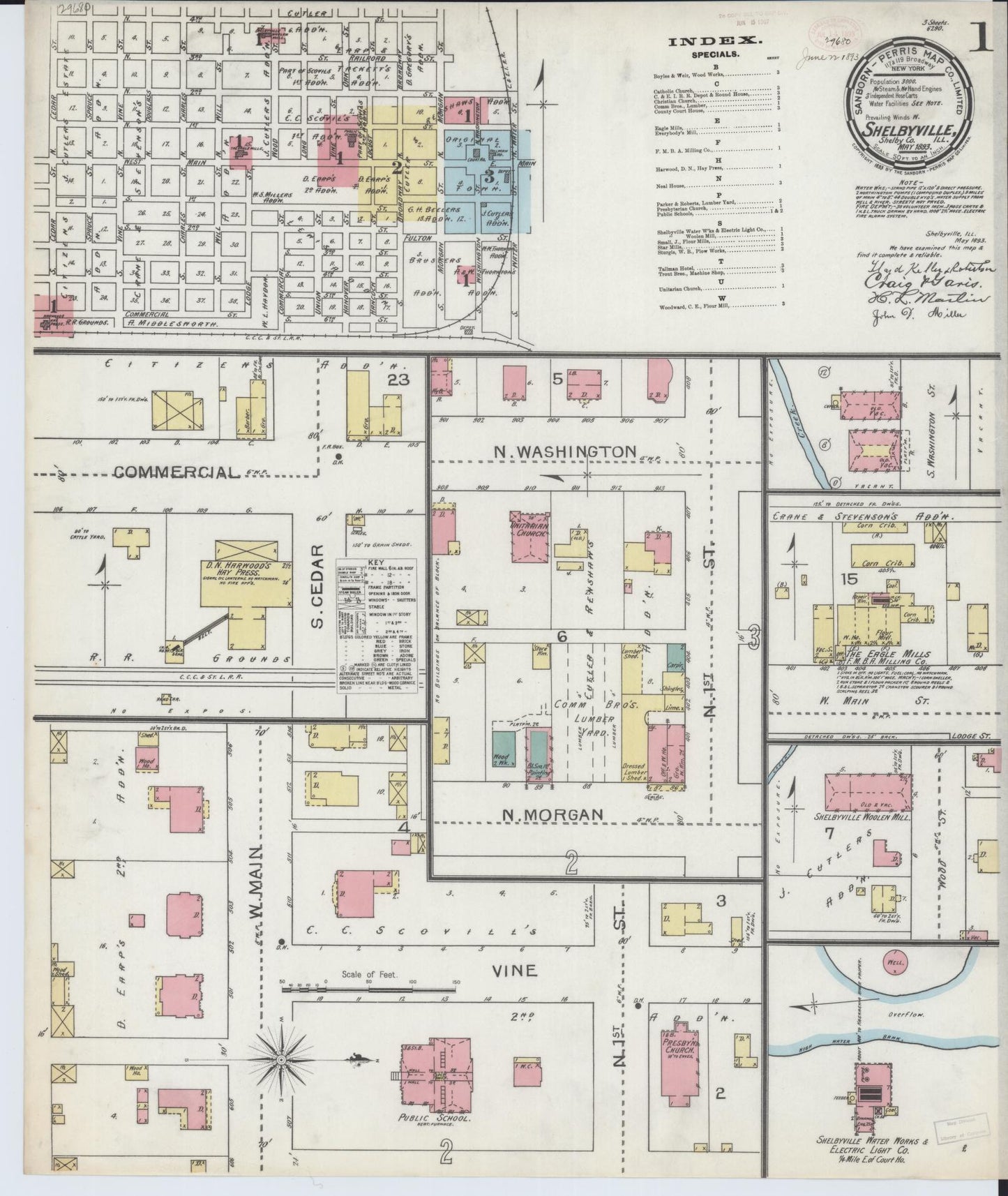 Sanborn Fire Insurance Map from Shelbyville, Shelby County, Illinois (1893), Sheet #0001 - Complete Map Set gallery image, historic Sanborn map, vintage wall art, Illinois Illinois