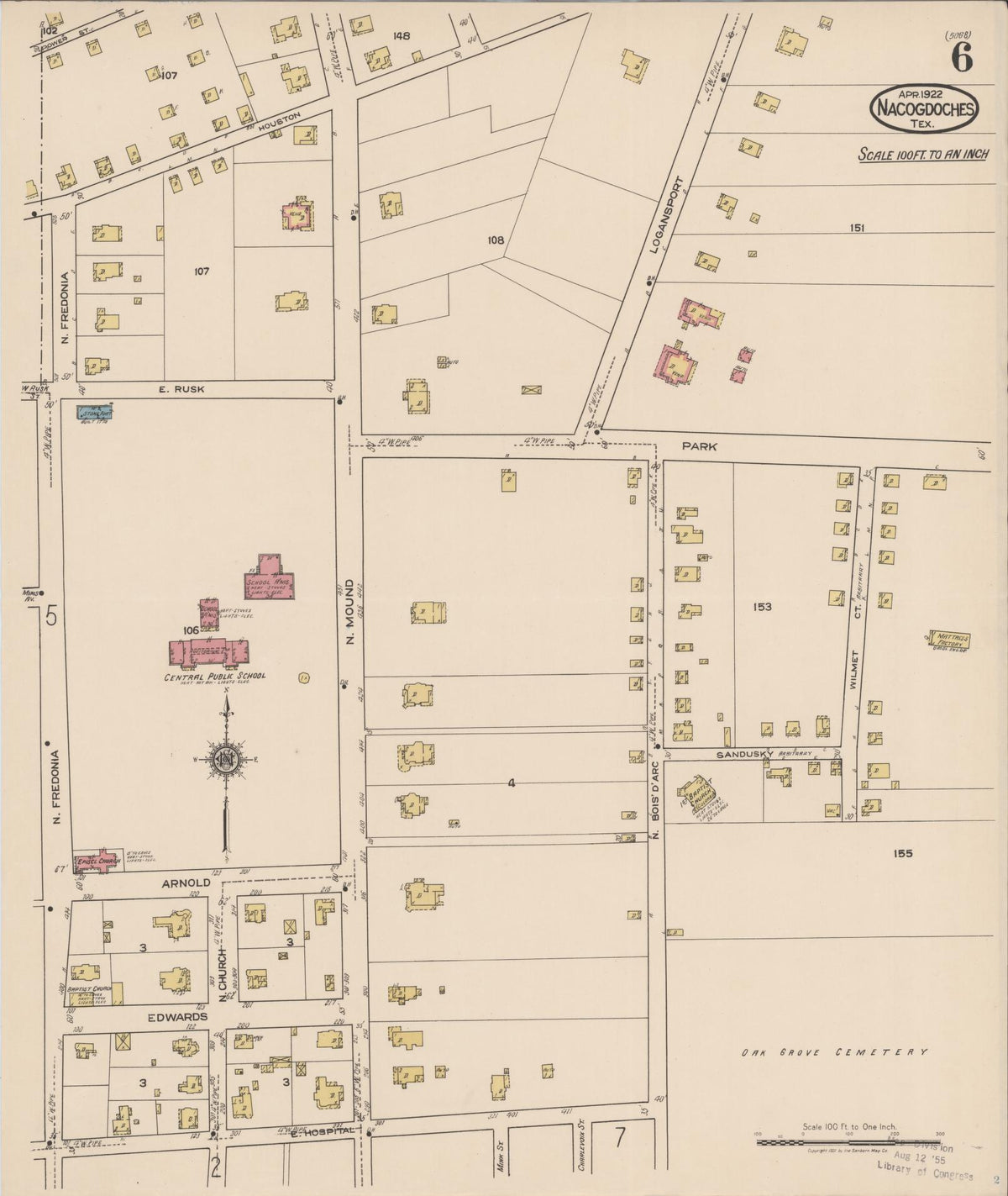 Sanborn Fire Insurance Map from Nacogdoches, Nacogdoches County, Texas (1922), Sheet #0006 - Complete Map Set gallery image, historic Sanborn map, vintage wall art, Texas Texas