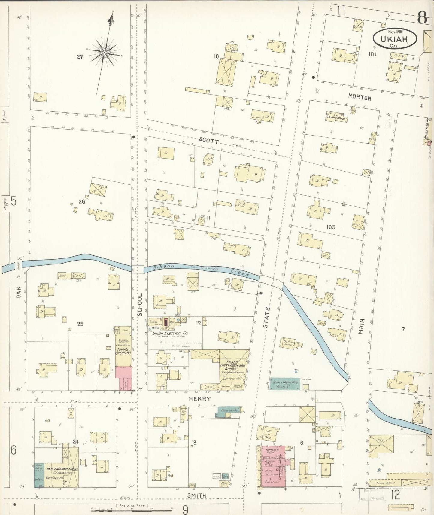 Sanborn Fire Insurance Map from Ukiah, Mendocino County, California (1898), Sheet #0008 - Complete Map Set gallery image, historic Sanborn map, vintage wall art, California California