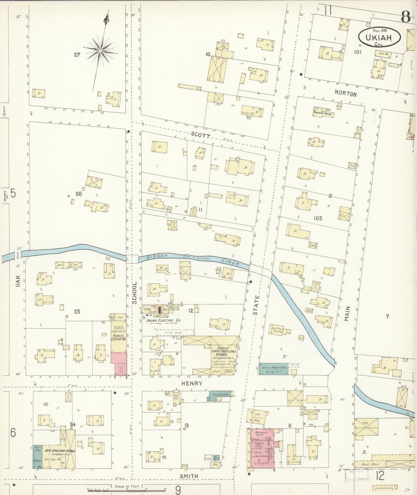 Sanborn Fire Insurance Map from Ukiah, Mendocino County, California (1898), Sheet #0008 - Complete Map Set gallery image, historic Sanborn map, vintage wall art, California California