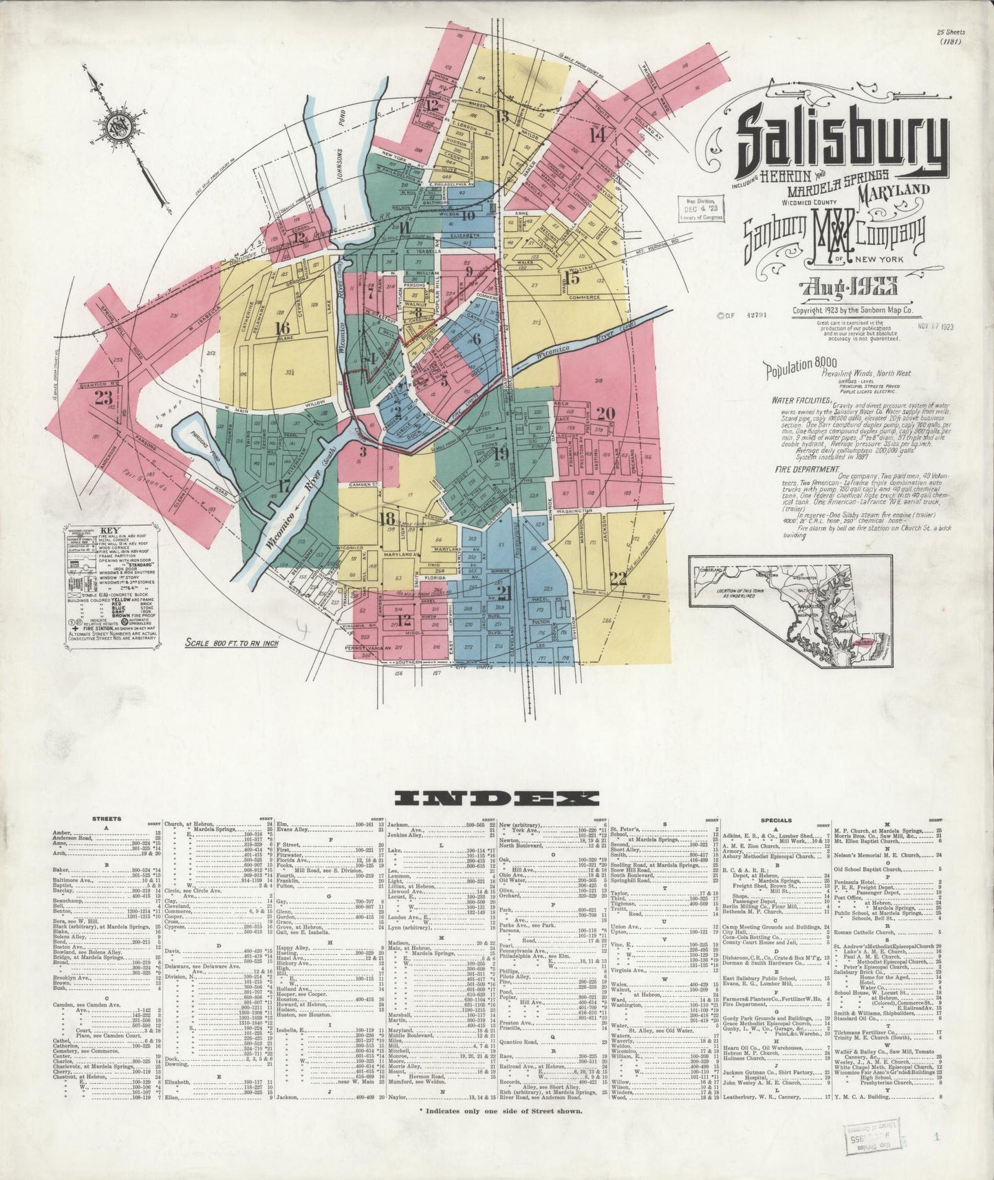 Sanborn Fire Insurance Map from Salisbury, Wicomico County, Maryland (1923), Sheet #0001 - Complete Map Set gallery image, historic Sanborn map, vintage wall art, Maryland Maryland