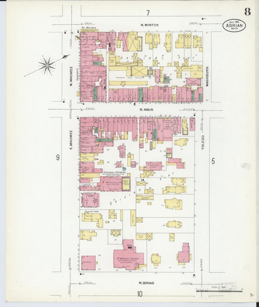 Sanborn Fire Insurance Map from Adrian, Lenawee County, Michigan (1908), Sheet #0008 - Historic Sanborn Fire Insurance Map Print, vintage old map wall art, antique decor, genealogy gift, Michigan Michigan map