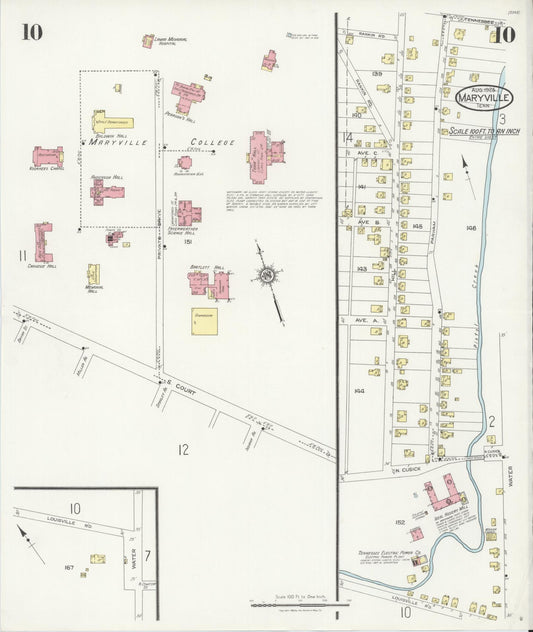 Sanborn Fire Insurance Map from Maryville, Blount County, Tennessee (1925), Sheet #0010 - Historic Sanborn Fire Insurance Map Print, vintage old map wall art, antique decor, genealogy gift, Tennessee Tennessee map
