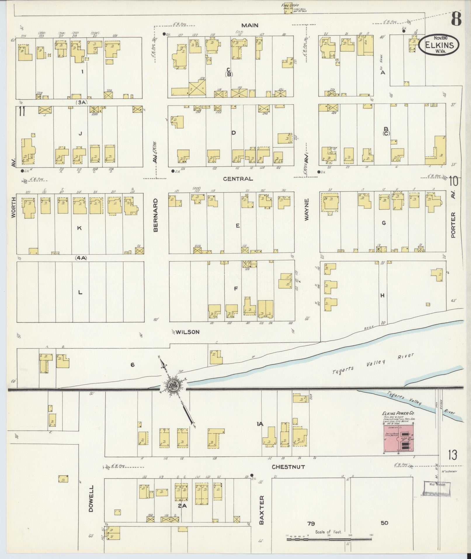 Sanborn Fire Insurance Map from Elkins, Randolph County, West Virginia (1910), Sheet #0008 - Complete Map Set gallery image, historic Sanborn map, vintage wall art, West Virginia West Virginia