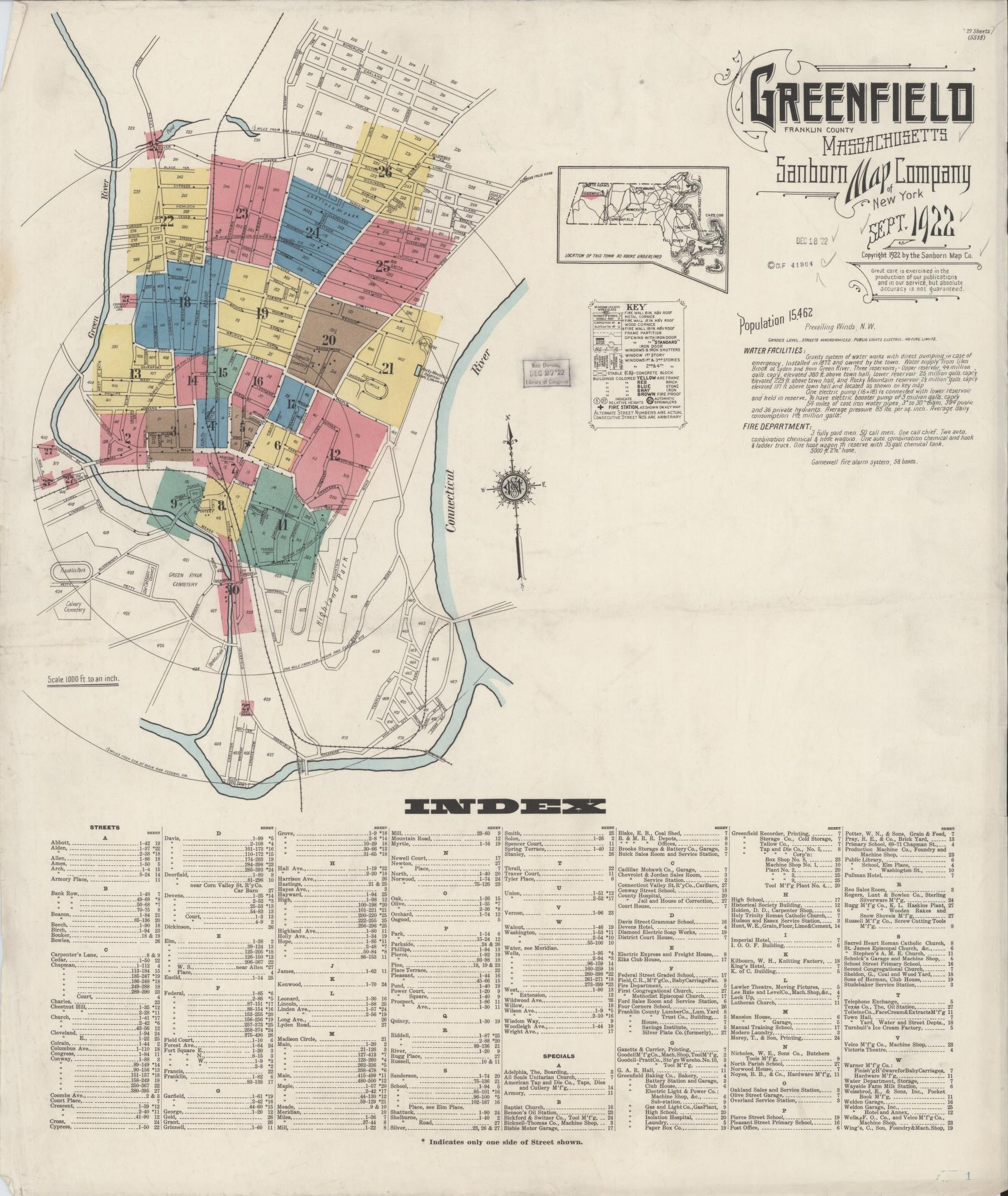Sanborn Fire Insurance Map from Greenfield, Franklin County, Massachusetts. (1922) – Historic Sanborn Fire Insurance Map Print