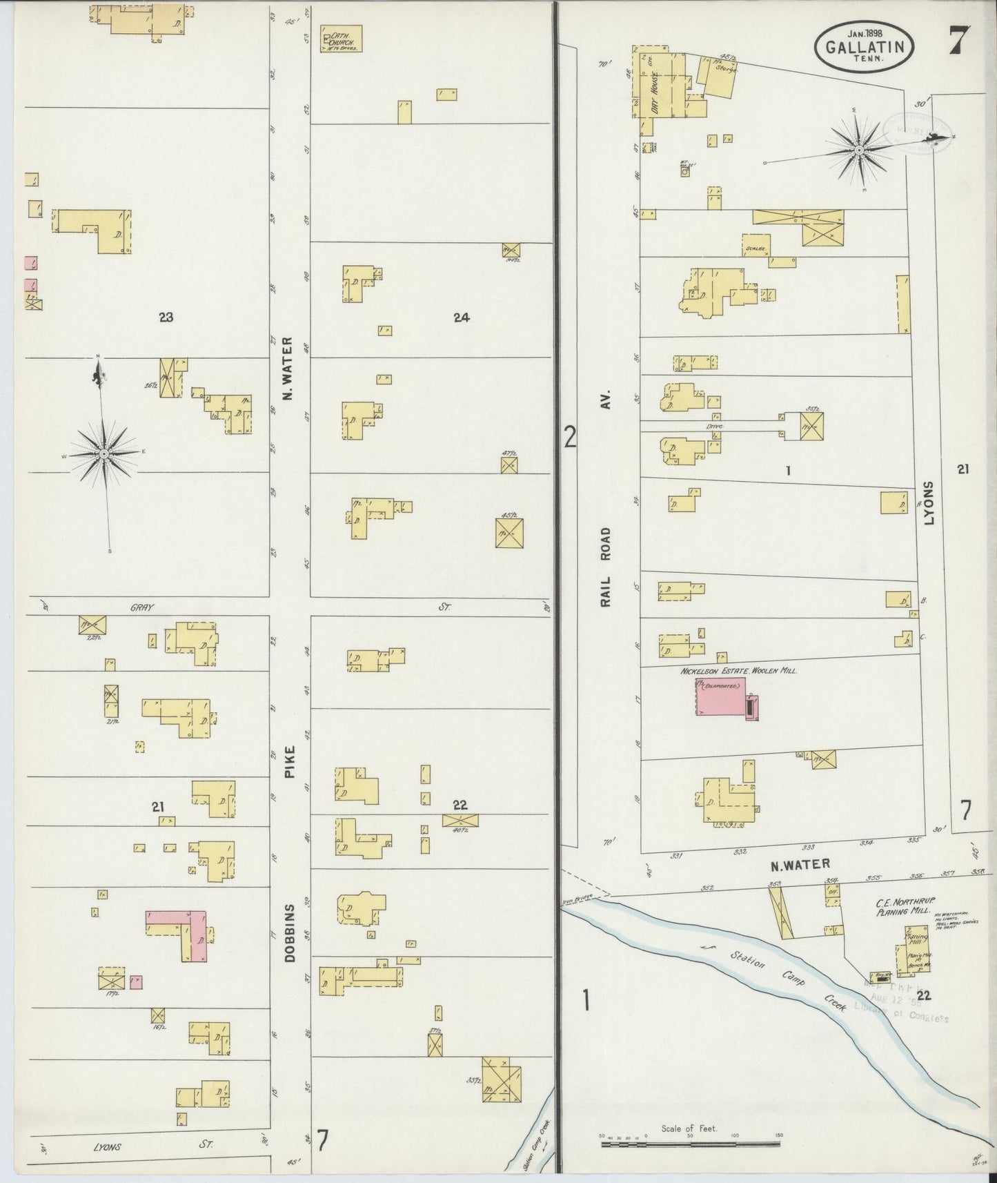 Sanborn Fire Insurance Map from Gallatin, Sumner County, Tennessee (1898), Sheet #0007 - Complete Map Set gallery image, historic Sanborn map, vintage wall art, Tennessee Tennessee