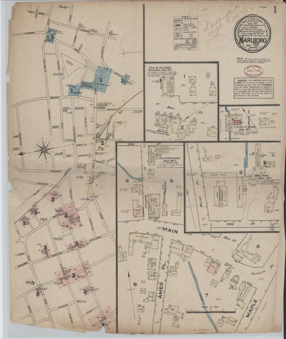 Sanborn Fire Insurance Map from Marlborough, Middlesex  County, Massachusetts (1881), Sheet #0001 - Historic Sanborn Fire Insurance Map Print, vintage old map wall art, antique decor, genealogy gift, Massachusetts Massachusetts map