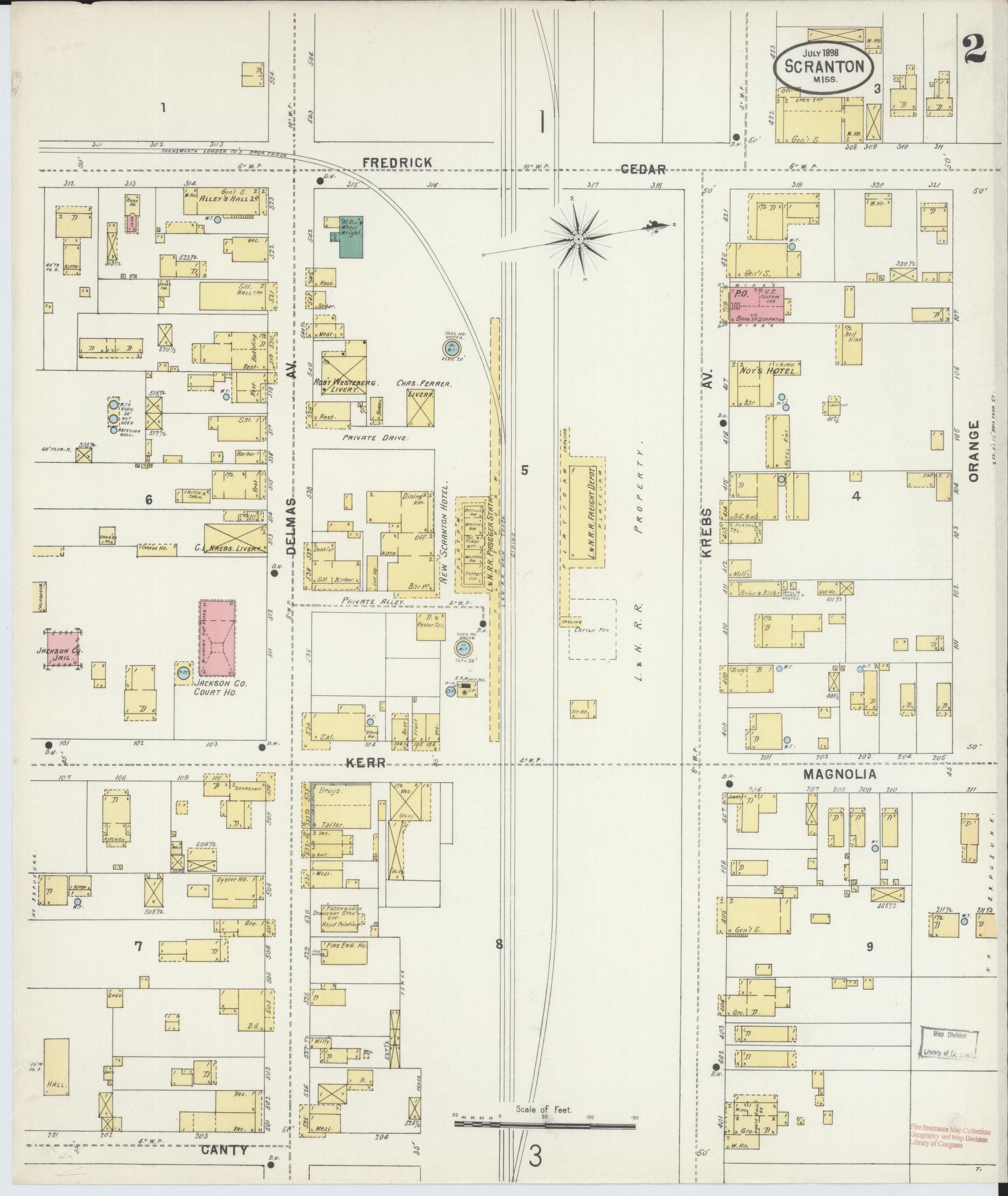 Sanborn Fire Insurance Map from Scranton, Jackson County, Mississippi (1898), Sheet #0002 - Complete Map Set gallery image, historic Sanborn map, vintage wall art, Mississippi Mississippi