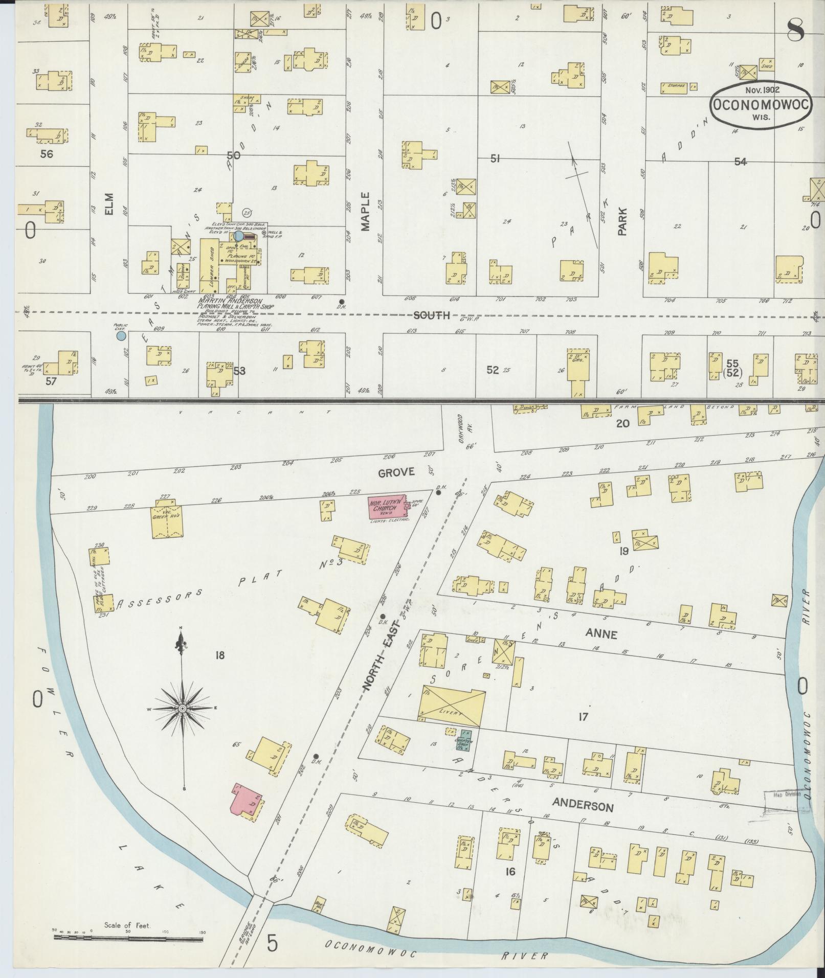 Sanborn Fire Insurance Map from Oconomowoc, Waukesha County, Wisconsin (1902), Sheet #0008 - Complete Map Set gallery image, historic Sanborn map, vintage wall art, Wisconsin Wisconsin