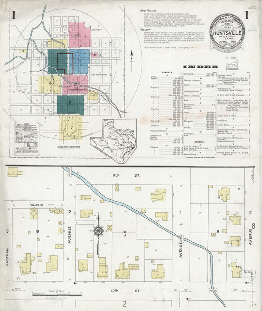Sanborn Fire Insurance Map from Huntsville, Walker County, Texas (1925), Sheet #0001 - Complete Map Set gallery image, historic Sanborn map, vintage wall art, Texas Texas