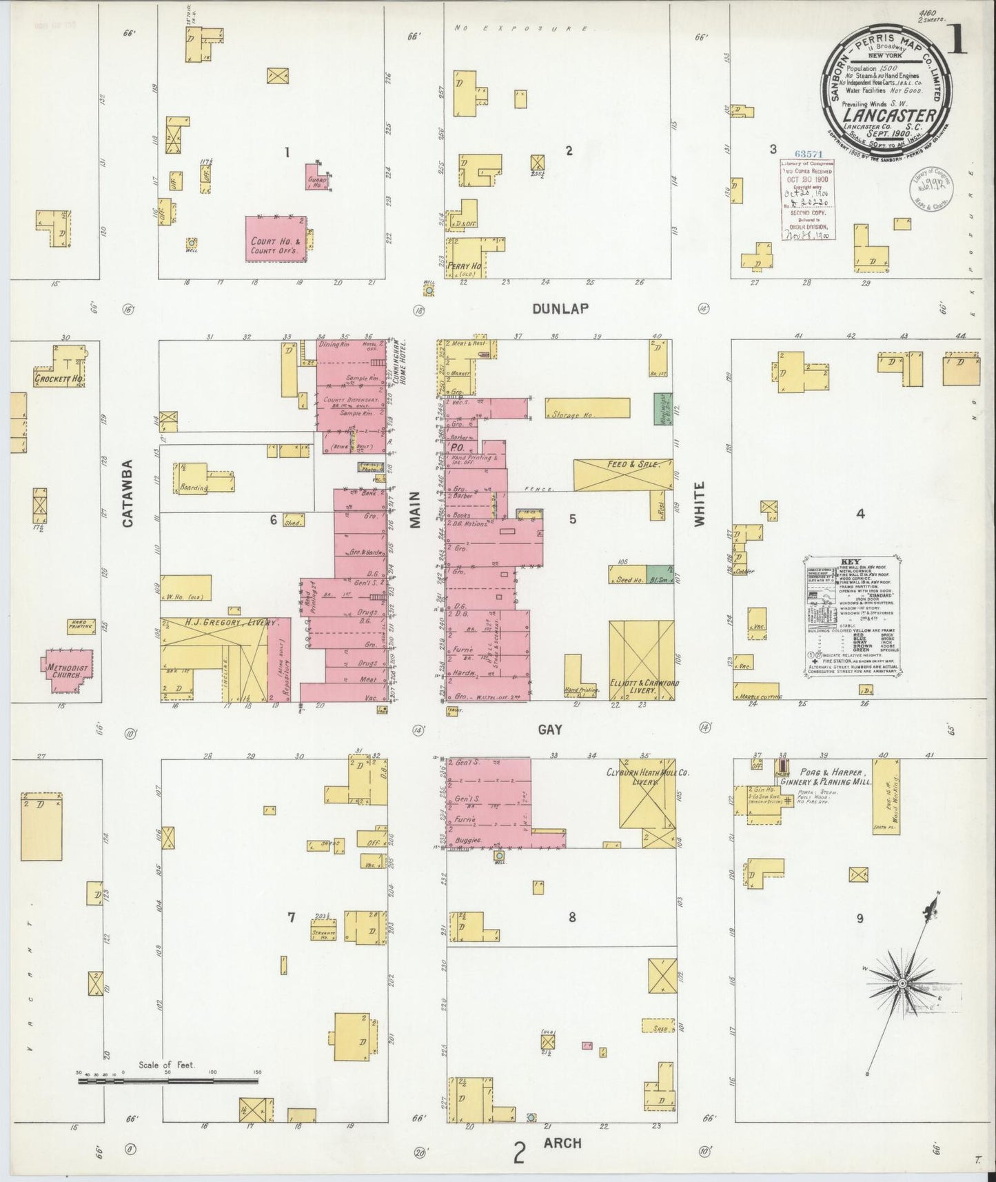 Sanborn Fire Insurance Map from Lancaster, Lancaster County, South Carolina (1900), Sheet #0001 - Complete Map Set gallery image, historic Sanborn map, vintage wall art, South Carolina South Carolina
