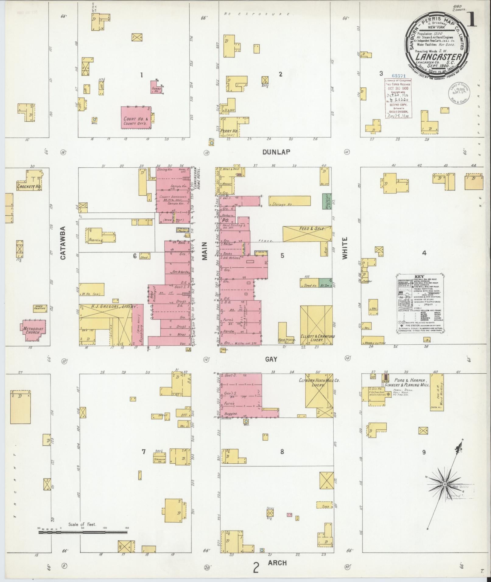 Sanborn Fire Insurance Map from Lancaster, Lancaster County, South Carolina (1900), Sheet #0001 - Complete Map Set gallery image, historic Sanborn map, vintage wall art, South Carolina South Carolina