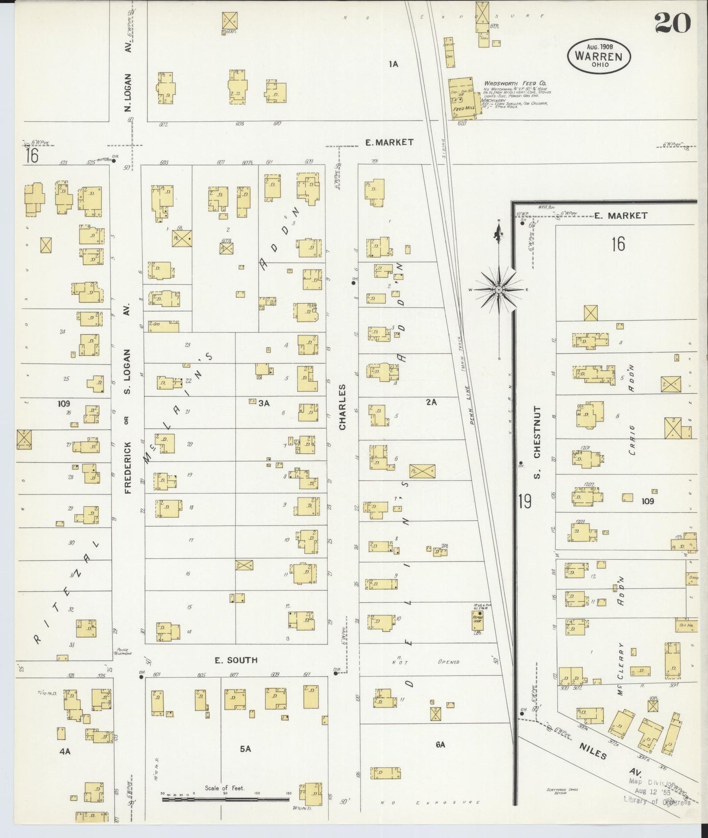 Sanborn Fire Insurance Map from Warren, Trumbull County, Ohio (1908), Sheet #0020 - Complete Map Set gallery image, historic Sanborn map, vintage wall art, Ohio Ohio