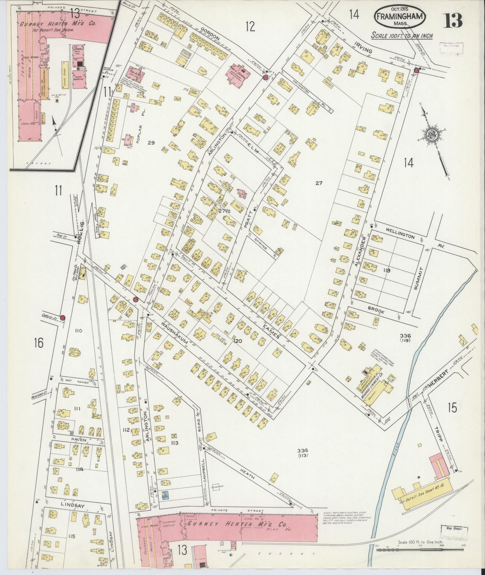 Sanborn Fire Insurance Map from Framingham, Middlesex County, Massachusetts (1915), Sheet #0013 - Complete Map Set gallery image, historic Sanborn map, vintage wall art, Massachusetts Massachusetts