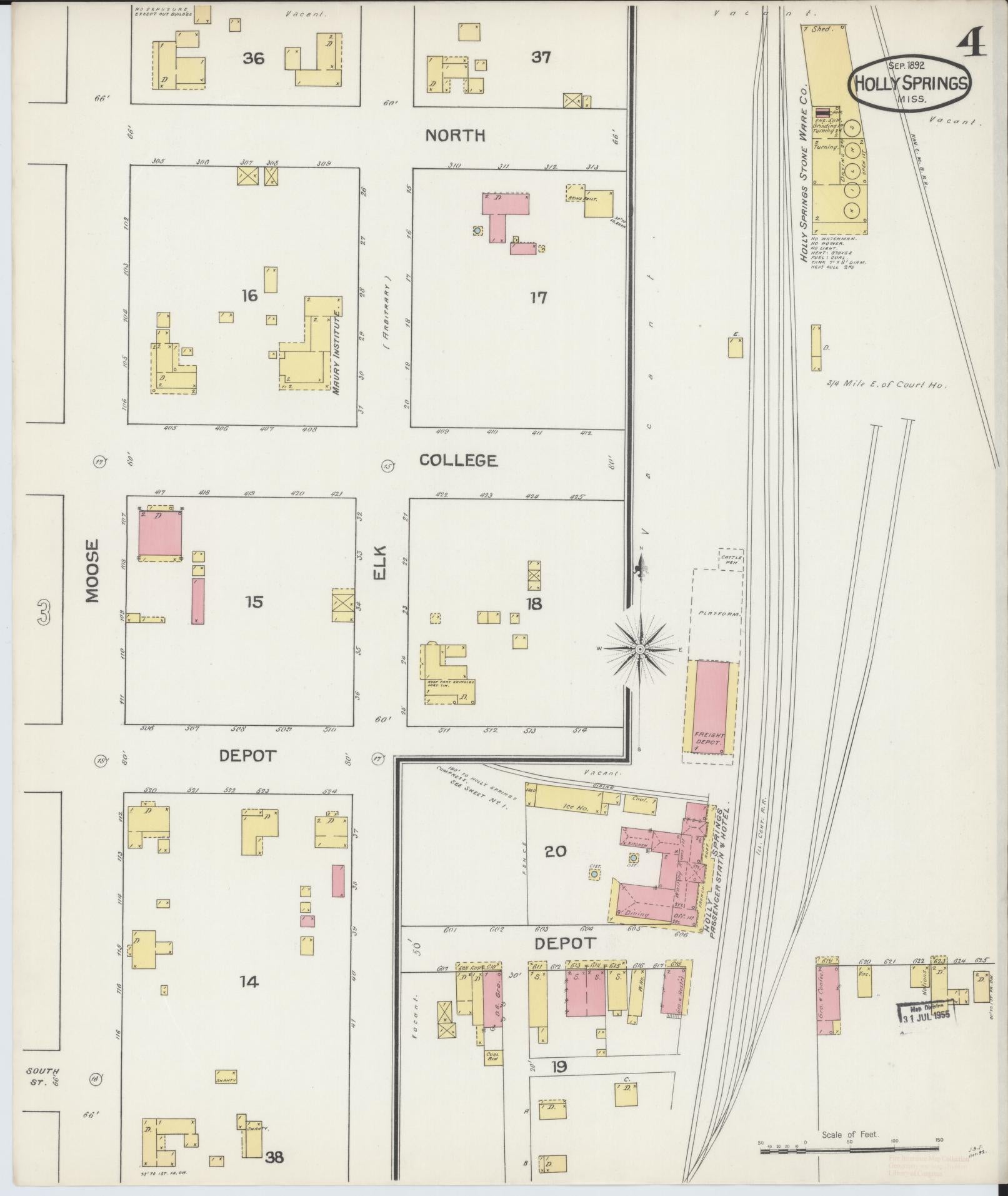 Sanborn Fire Insurance Map from Holly Springs, Marshall County, Mississippi (1892), Sheet #0004 - Complete Map Set gallery image, historic Sanborn map, vintage wall art, Mississippi Mississippi
