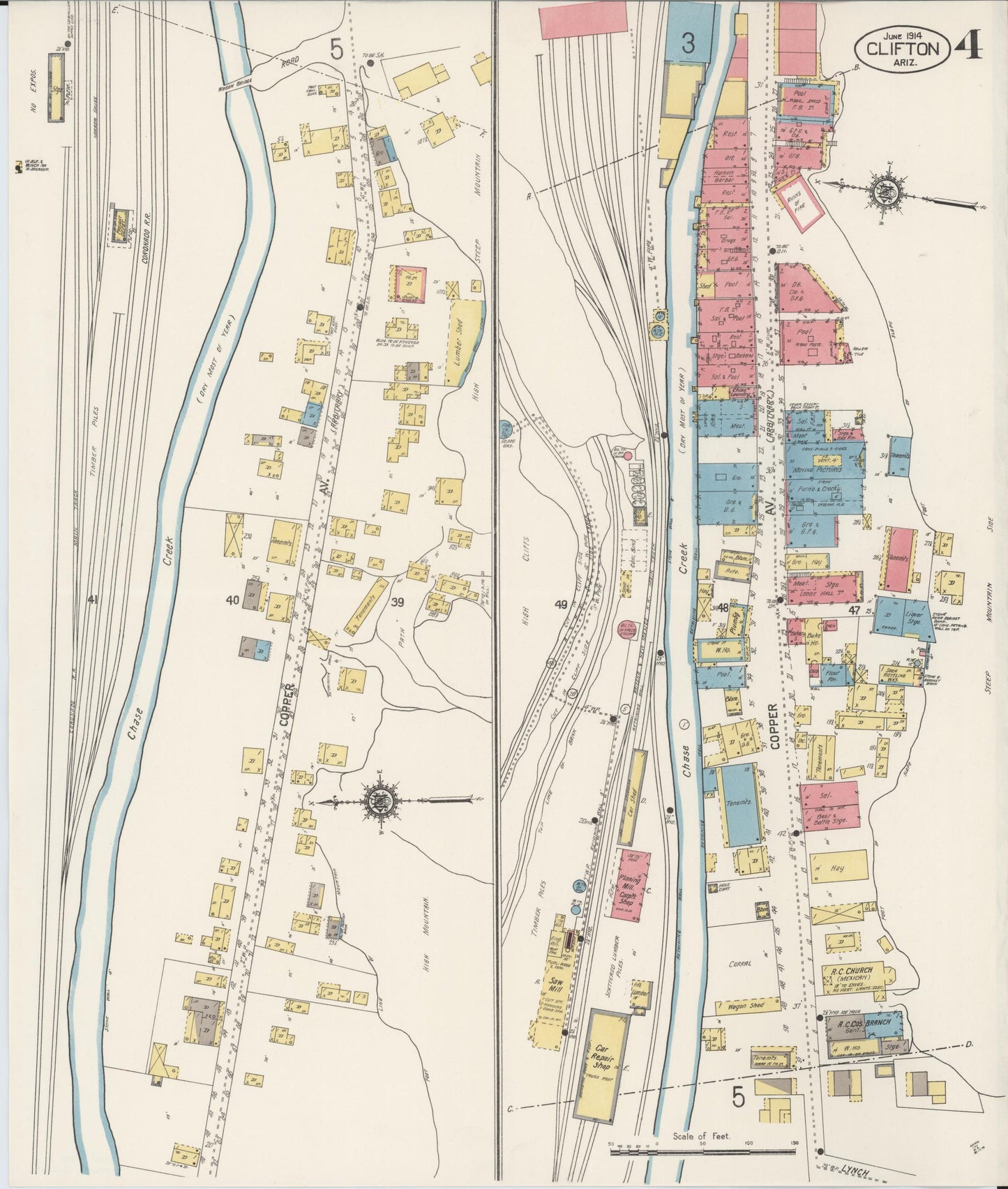 Sanborn Fire Insurance Map from Clifton, Greenlee County, Arizona (1914), Sheet #0004 - Historic Sanborn Fire Insurance Map Print, vintage old map wall art, antique decor, genealogy gift, Arizona Arizona map