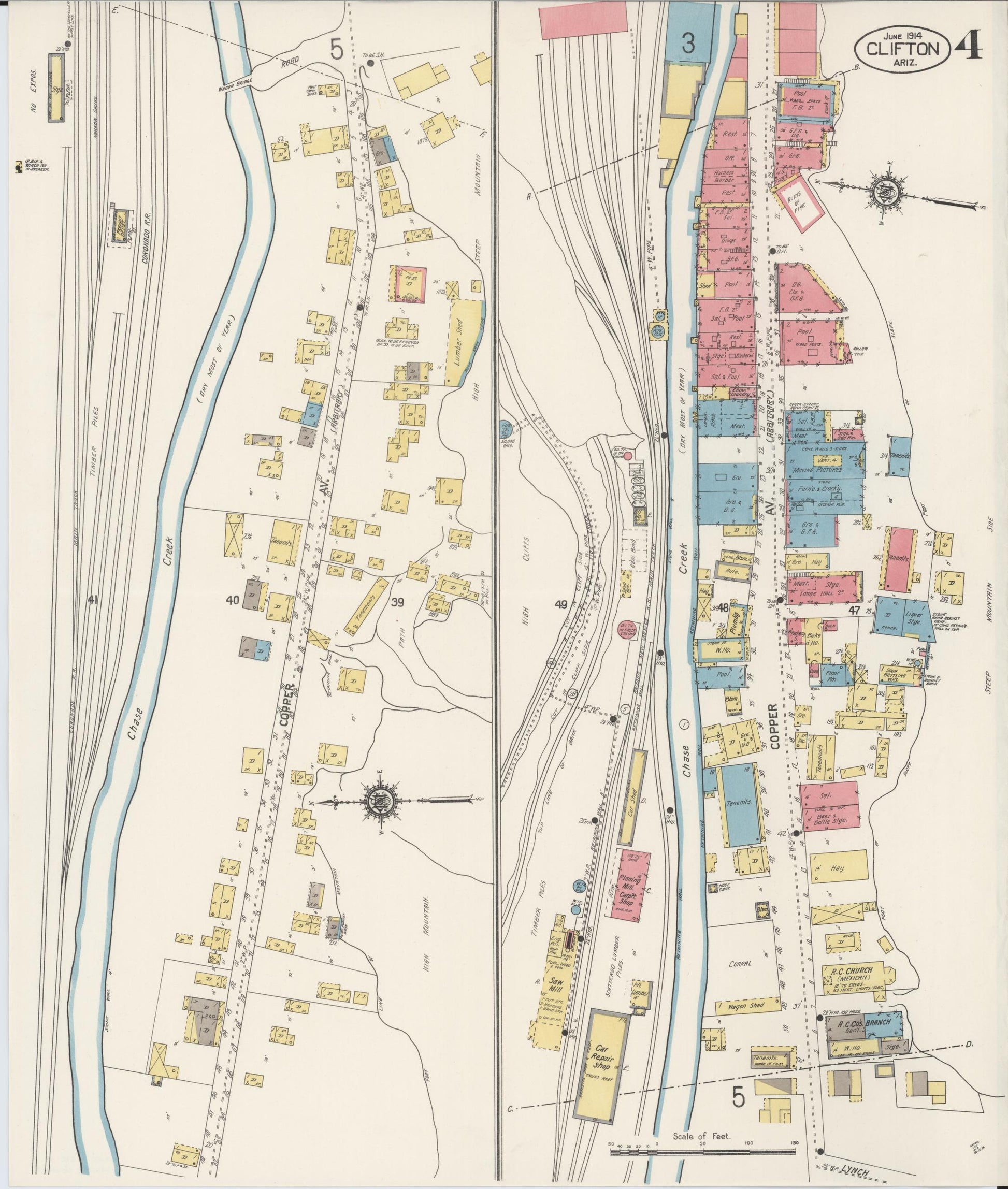 Sanborn Fire Insurance Map from Clifton, Greenlee County, Arizona (1914), Sheet #0004 - Historic Sanborn Fire Insurance Map Print, vintage old map wall art, antique decor, genealogy gift, Arizona Arizona map