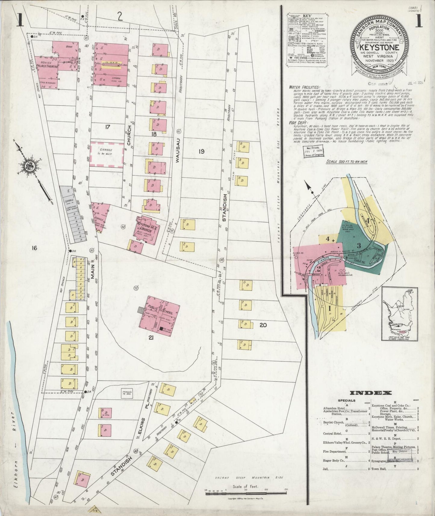 Sanborn Fire Insurance Map from Keystone, Mcdowell County, West Virginia (1923), Sheet #0001 - Complete Map Set gallery image, historic Sanborn map, vintage wall art, West Virginia West Virginia