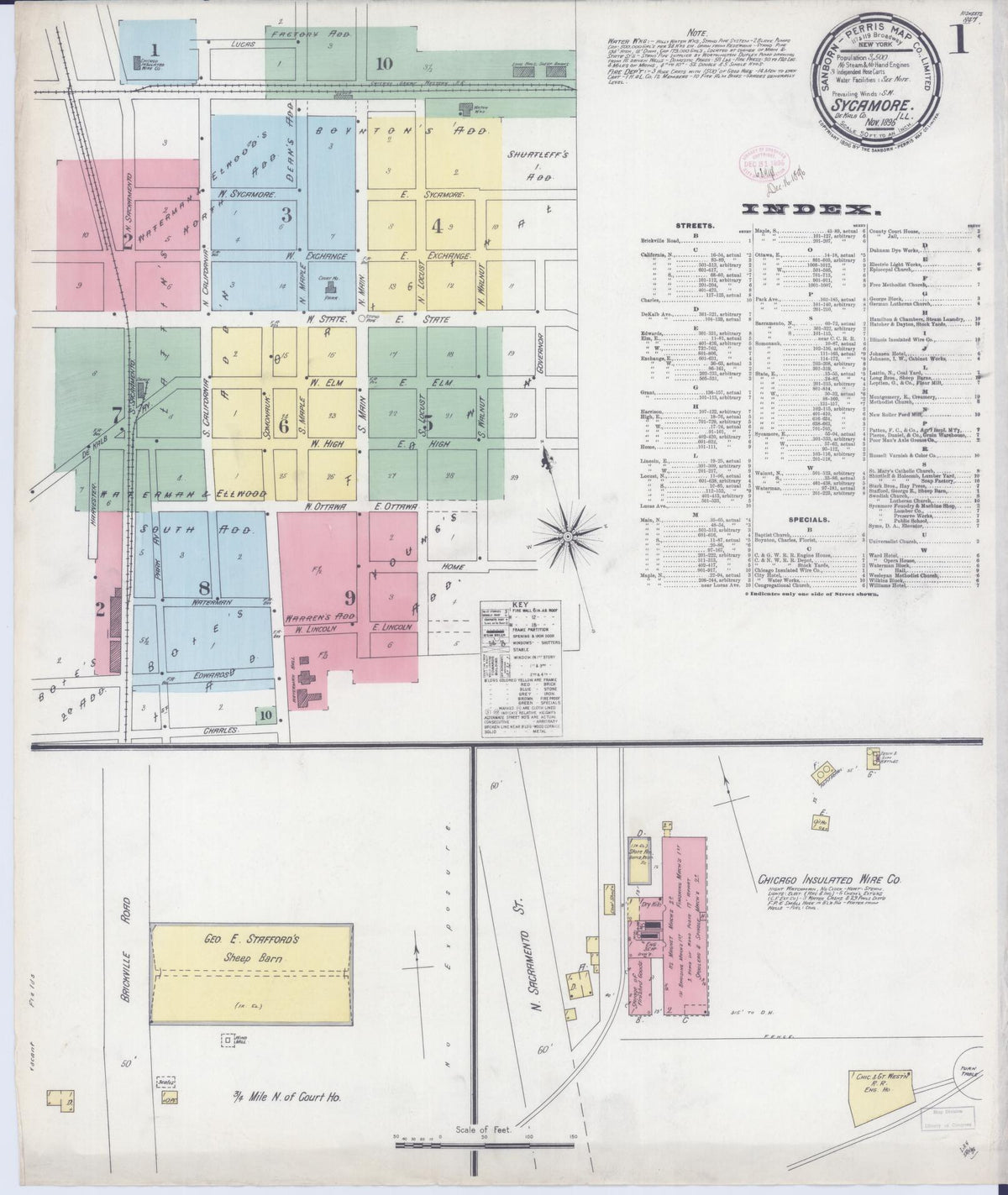 Sanborn Fire Insurance Map from Sycamore, De Kalb County, Illinois (1896), Sheet #0001 - Complete Map Set gallery image, historic Sanborn map, vintage wall art, Illinois Illinois