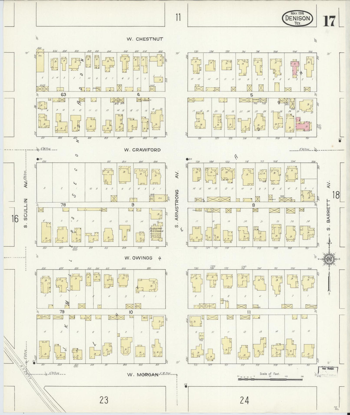 Sanborn Fire Insurance Map from Denison, Grayson County, Texas (1914), Sheet #0017 - Historic Sanborn Fire Insurance Map Print, vintage old map wall art, antique decor, genealogy gift, Texas Texas map