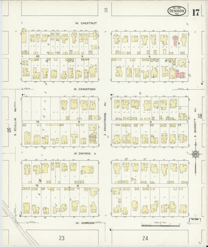 Sanborn Fire Insurance Map from Denison, Grayson County, Texas (1914), Sheet #0017 - Historic Sanborn Fire Insurance Map Print, vintage old map wall art, antique decor, genealogy gift, Texas Texas map