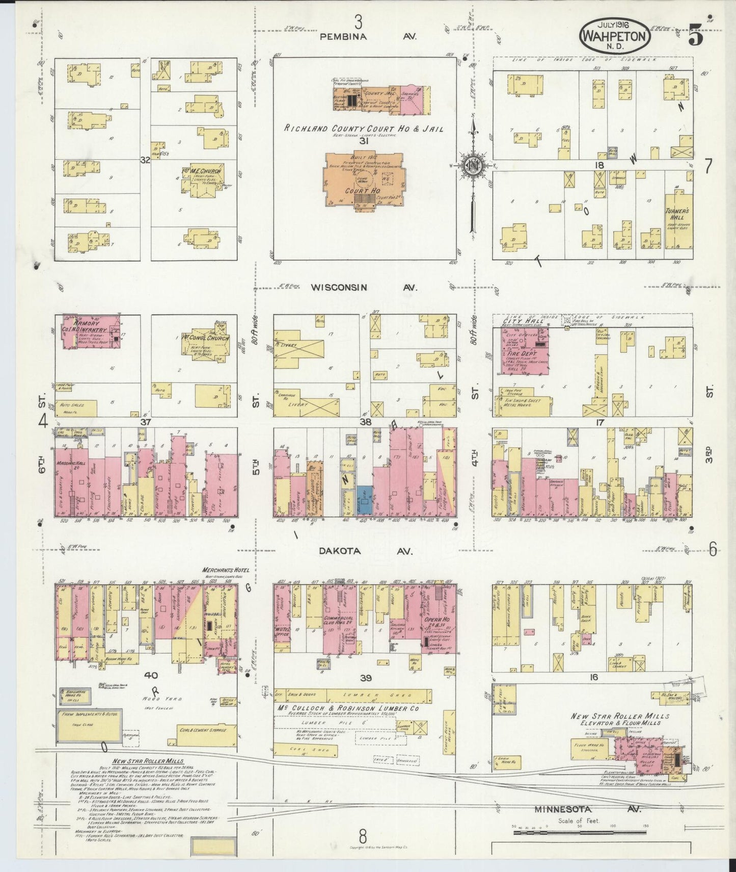 Sanborn Fire Insurance Map from Wahpeton, Richland County, North Dakota (1916), Sheet #0005 - Complete Map Set gallery image, historic Sanborn map, vintage wall art, North Dakota North Dakota