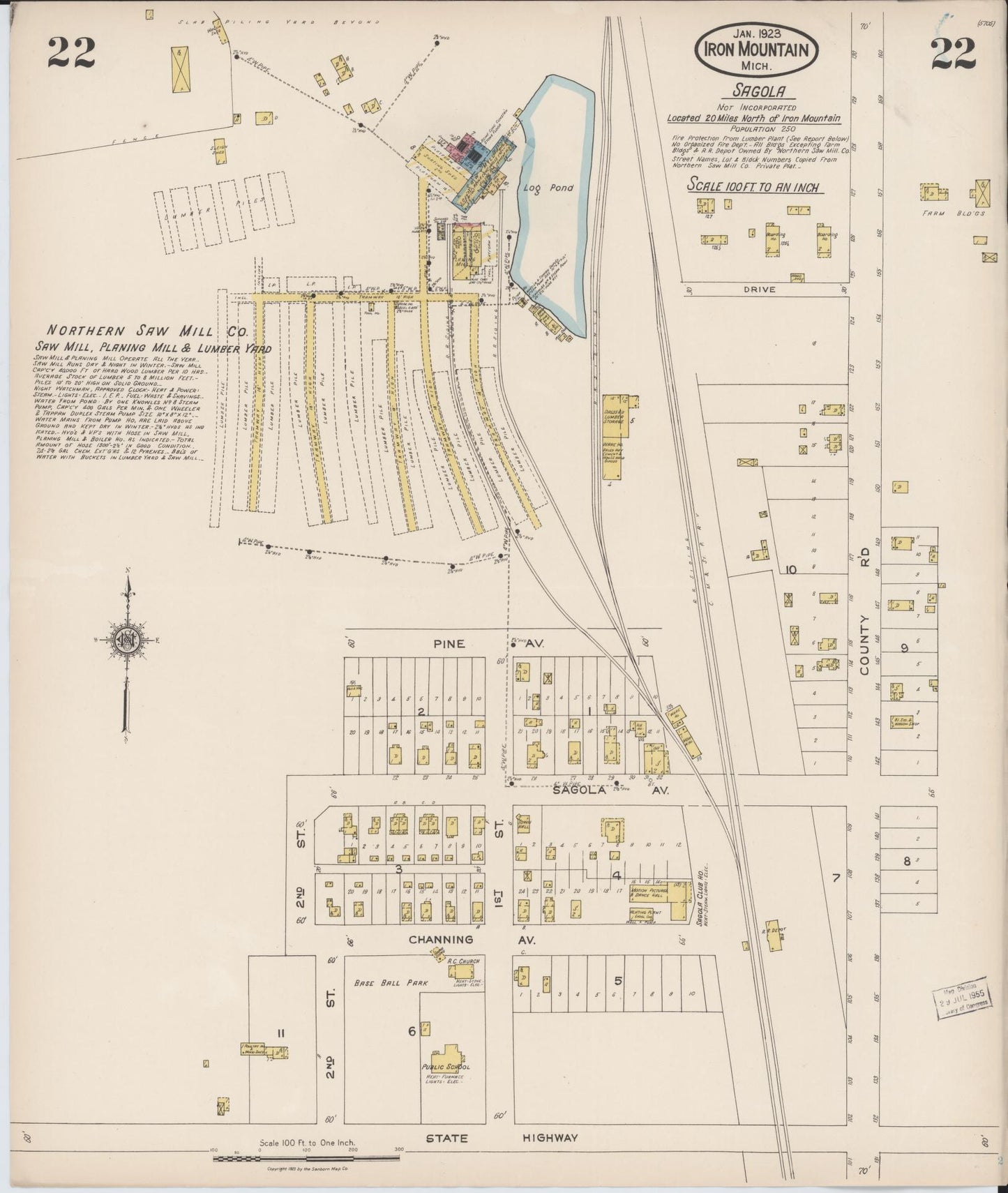 Sanborn Fire Insurance Map from Iron Mountain, Dickinson County, Michigan (1923), Sheet #0022 - Historic Sanborn Fire Insurance Map Print, vintage old map wall art, antique decor, genealogy gift, Michigan Michigan map