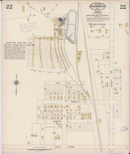 Sanborn Fire Insurance Map from Iron Mountain, Dickinson County, Michigan (1923), Sheet #0022 - Historic Sanborn Fire Insurance Map Print, vintage old map wall art, antique decor, genealogy gift, Michigan Michigan map