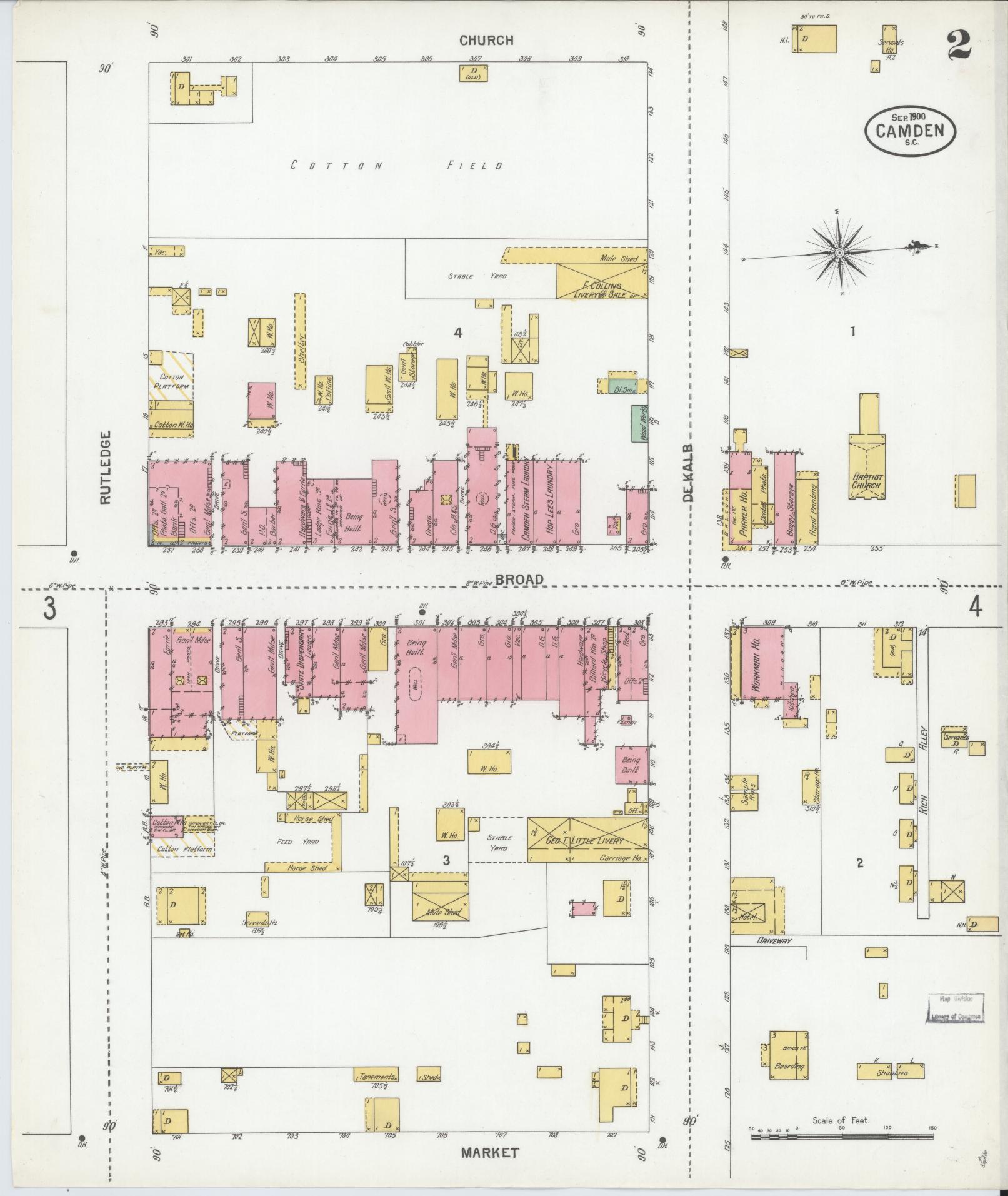 Sanborn Fire Insurance Map from Camden, Kershaw County, South Carolina (1900), Sheet #0002 - Complete Map Set gallery image, historic Sanborn map, vintage wall art, South Carolina South Carolina