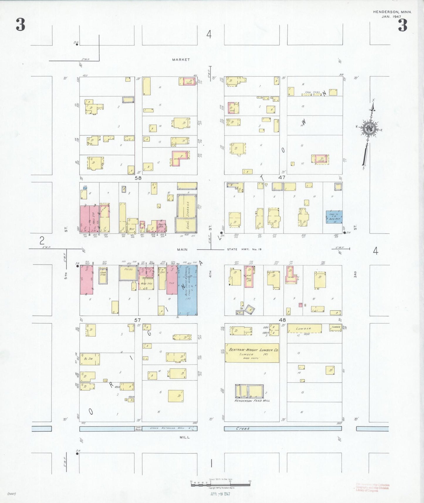 Sanborn Fire Insurance Map from Henderson, Sibley County, Minnesota (1947), Sheet #0003 - Historic Sanborn Fire Insurance Map Print, vintage old map wall art, antique decor, genealogy gift, Minnesota Minnesota map