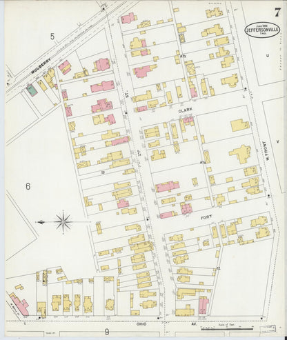 Sanborn Fire Insurance Map from Jeffersonville, Clark County, Indiana (1898), Sheet #0007 - Historic Sanborn Fire Insurance Map Print, vintage old map wall art, antique decor, genealogy gift, Indiana Indiana map