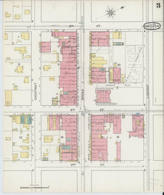 Sanborn Fire Insurance Map from Gadsden, Etowah County, Alabama (1894), Sheet #0003 - Historic Sanborn Fire Insurance Map Print, vintage old map wall art, antique decor, genealogy gift, Alabama Alabama map