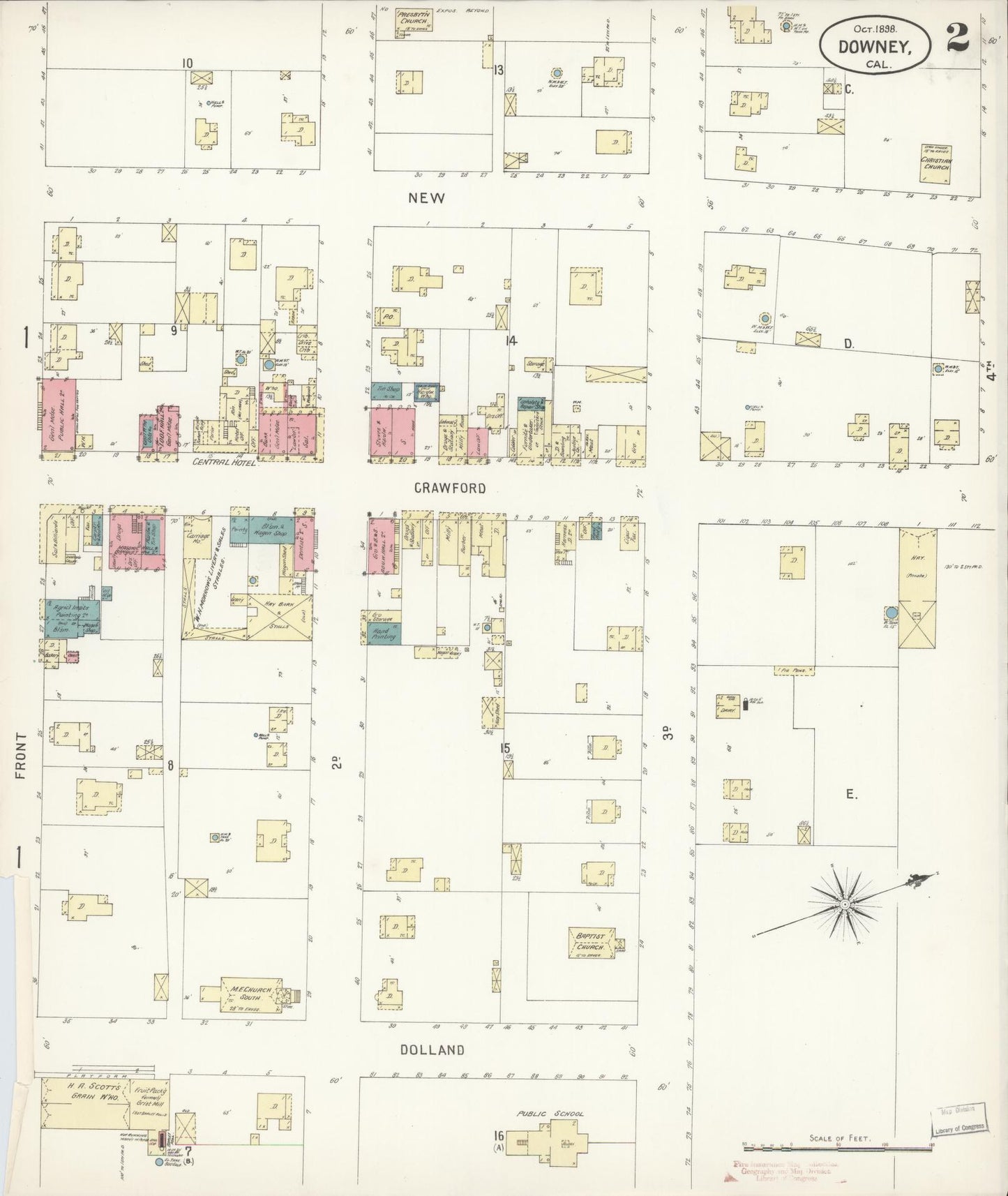 Sanborn Fire Insurance Map from Downey, Los Angeles County, California (1898), Sheet #0002 - Historic Sanborn Fire Insurance Map Print, vintage old map wall art, antique decor, genealogy gift, California California map