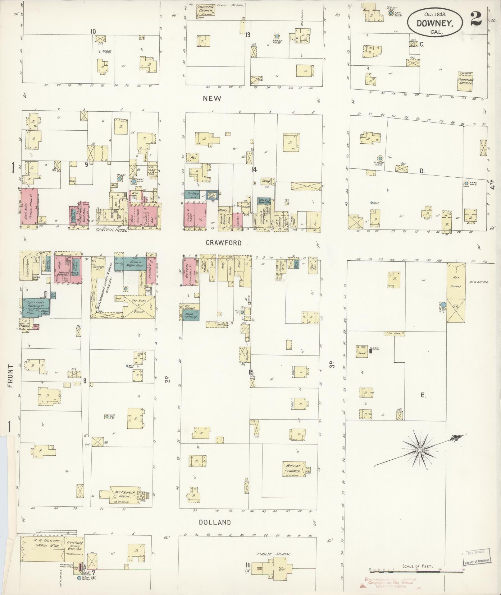 Sanborn Fire Insurance Map from Downey, Los Angeles County, California (1898), Sheet #0002 - Historic Sanborn Fire Insurance Map Print, vintage old map wall art, antique decor, genealogy gift, California California map