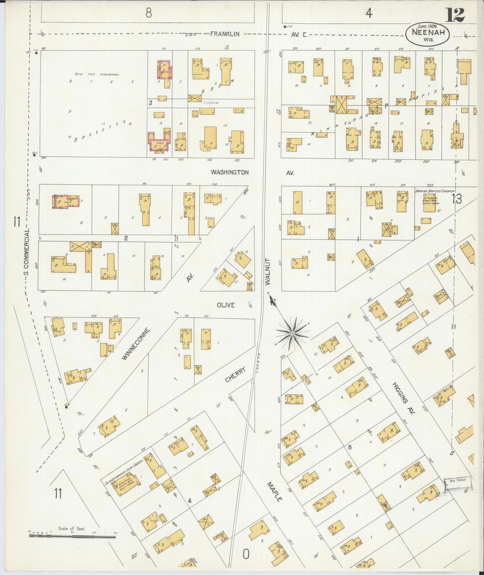 Sanborn Fire Insurance Map from Neenah, Winnebago County, Wisconsin (1906), Sheet #0012 - Historic Sanborn Fire Insurance Map Print, vintage old map wall art, antique decor, genealogy gift, Wisconsin Wisconsin map