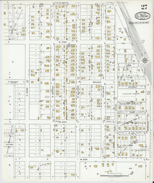 Sanborn Fire Insurance Map from El Reno, Canadian County, Oklahoma (1920), Sheet #0027 - Historic Sanborn Fire Insurance Map Print, vintage old map wall art, antique decor, genealogy gift, Oklahoma Oklahoma map