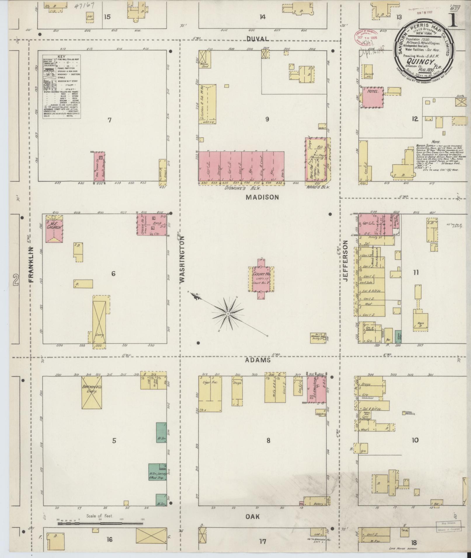 Sanborn Fire Insurance Map from Quincy, Gadsden County, Florida (1895), Sheet #0001 - Complete Map Set gallery image, historic Sanborn map, vintage wall art, Florida Florida