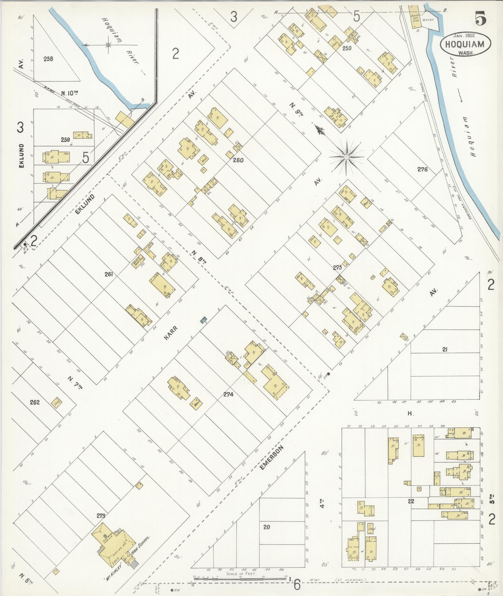 Sanborn Fire Insurance Map from Hoquiam, Grays Harbor County, Washington (1902), Sheet #0005 - Historic Sanborn Fire Insurance Map Print, vintage old map wall art, antique decor, genealogy gift, Washington Washington map
