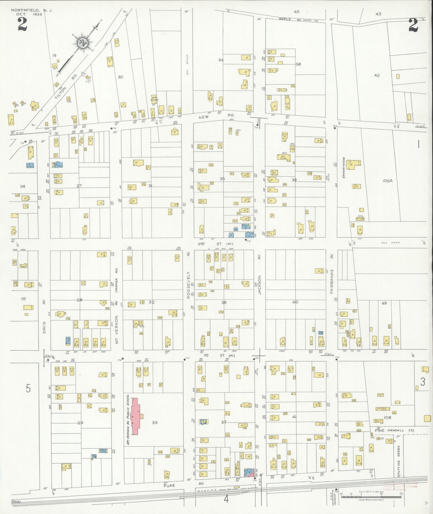 Sanborn Fire Insurance Map from Northfield, Atlantic County, New Jersey (1933), Sheet #0002 - Historic Sanborn Fire Insurance Map Print, vintage old map wall art, antique decor, genealogy gift, New Jersey New Jersey map