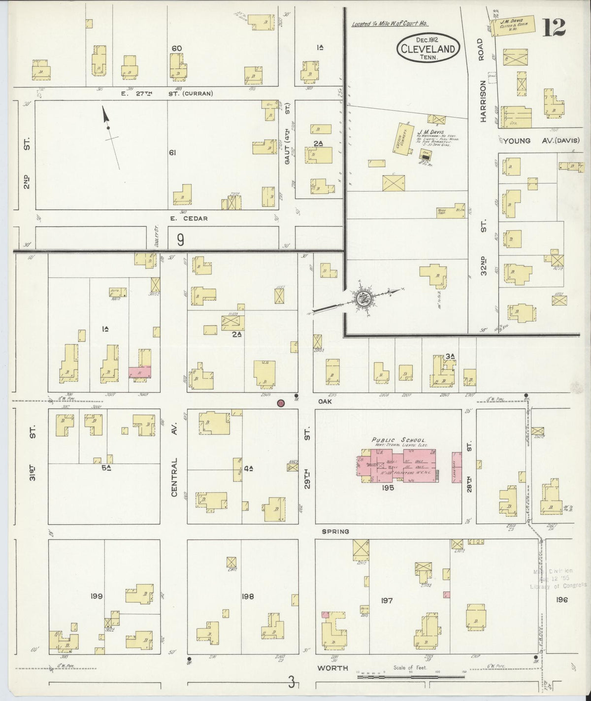 Sanborn Fire Insurance Map from Cleveland, Bradley County, Tennessee (1912), Sheet #0012 - Historic Sanborn Fire Insurance Map Print, vintage old map wall art, antique decor, genealogy gift, Tennessee Tennessee map