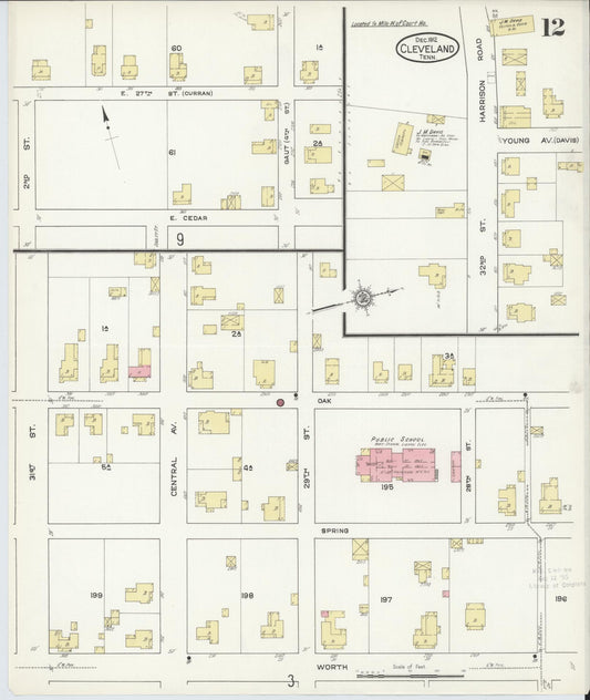 Sanborn Fire Insurance Map from Cleveland, Bradley County, Tennessee (1912), Sheet #0012 - Historic Sanborn Fire Insurance Map Print, vintage old map wall art, antique decor, genealogy gift, Tennessee Tennessee map