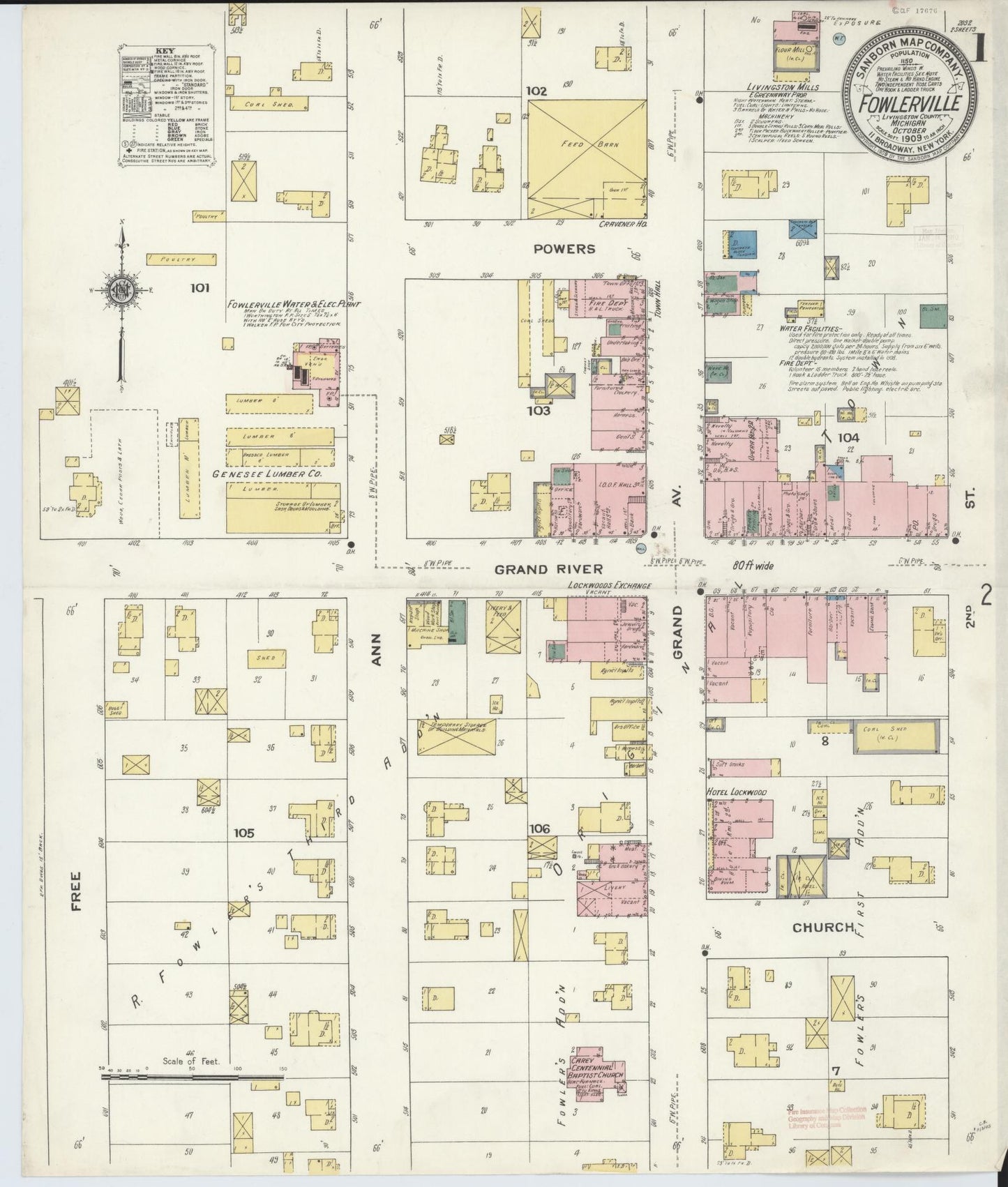 Sanborn Fire Insurance Map from Fowlerville, Livingston County, Michigan (1909), Sheet #0001 - Historic Sanborn Fire Insurance Map Print, vintage old map wall art, antique decor, genealogy gift, Michigan Michigan map