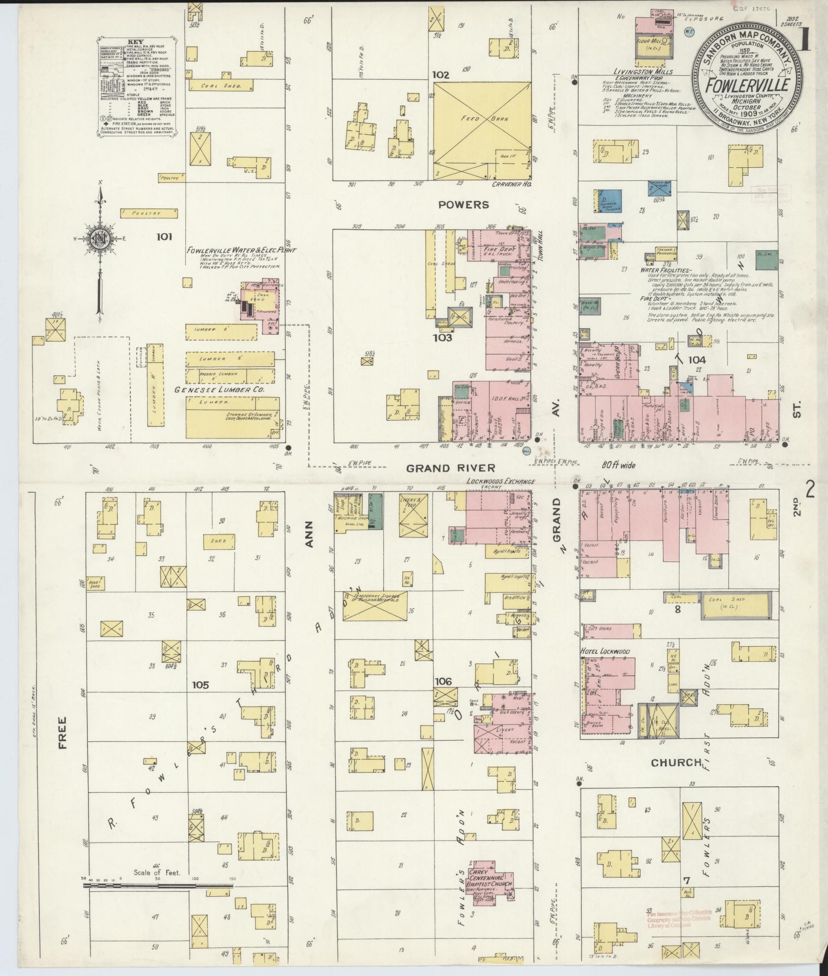 Sanborn Fire Insurance Map from Fowlerville, Livingston County, Michigan (1909), Sheet #0001 - Historic Sanborn Fire Insurance Map Print, vintage old map wall art, antique decor, genealogy gift, Michigan Michigan map