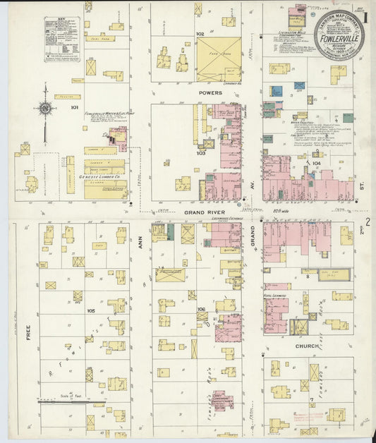 Sanborn Fire Insurance Map from Fowlerville, Livingston County, Michigan (1909), Sheet #0001 - Historic Sanborn Fire Insurance Map Print, vintage old map wall art, antique decor, genealogy gift, Michigan Michigan map