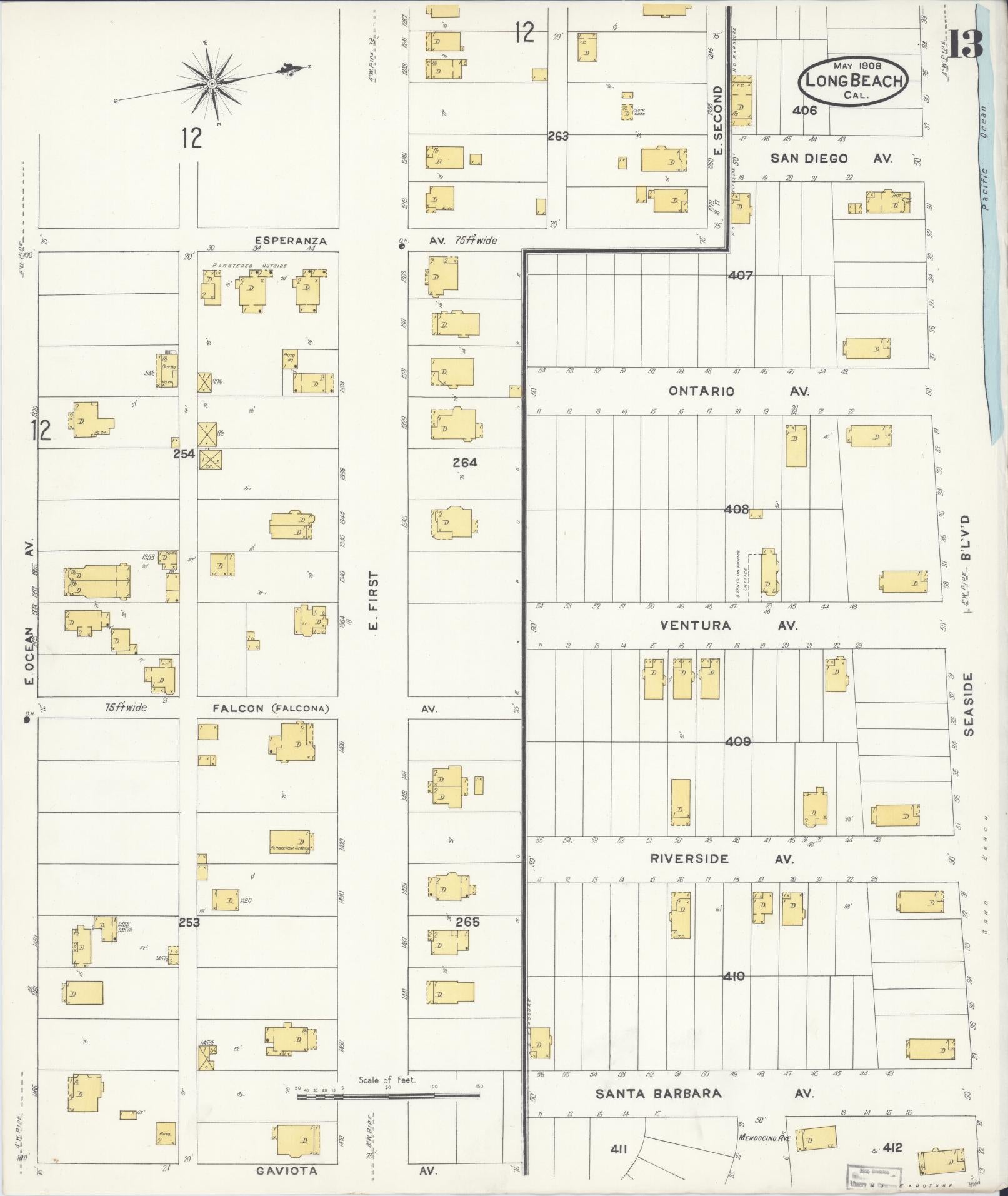 Sanborn Fire Insurance Map from Long Beach, Los Angeles County, California (1908), Sheet #0013 - Historic Sanborn Fire Insurance Map Print, vintage old map wall art, antique decor, genealogy gift, California California map