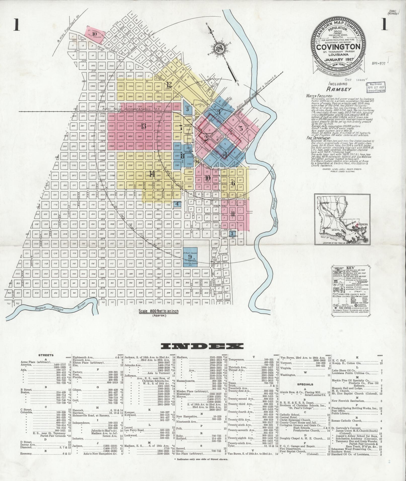 Sanborn Fire Insurance Map from Covington, Saint Tammany Parish, Louisiana (1927), Sheet #0001 - Complete Map Set gallery image, historic Sanborn map, vintage wall art, Louisiana Louisiana